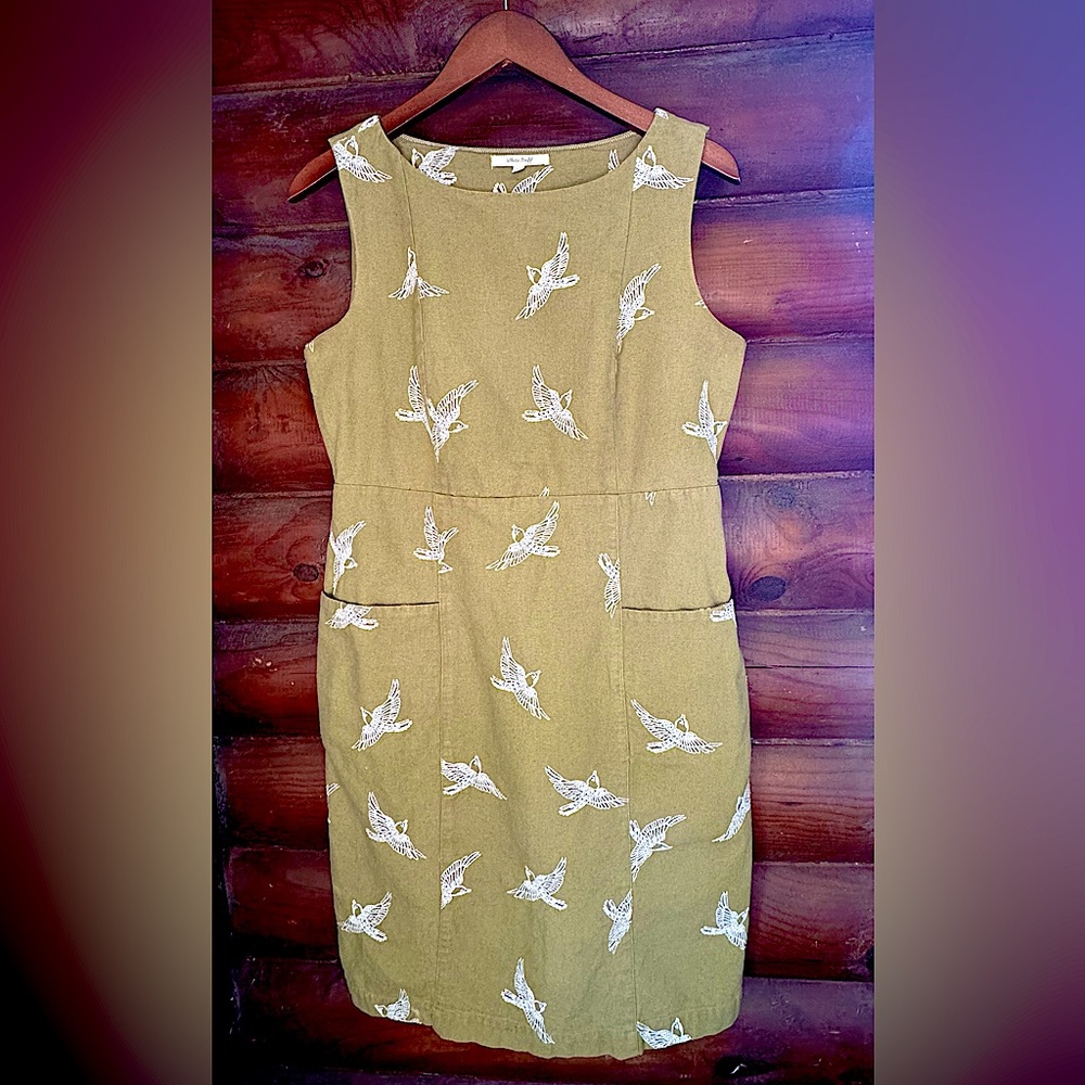 White Stuff Green Embroidered Bird Cotton Dress Pockets